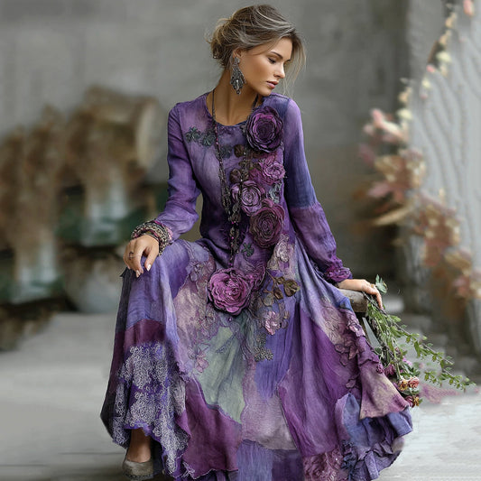 Vintage Bohemian Embroidered Floral Patchwork Linen Maxi Dress artswardrobe