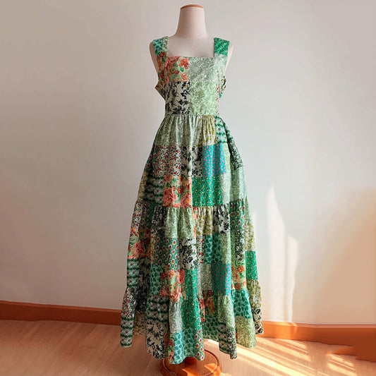 Women's Retro Floral Stitching Sleeveless Casual Dress artswardrobe