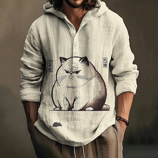 Men's Cat And Mouse Japanese Art Print Linen Hooded Shirt artswardrobe