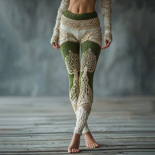 Women's Vintage Viking Tree Of Life Jacquard Warm Leggings artswardrobe
