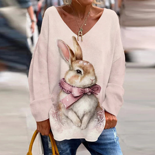 Women's Easter Cute Bunny Print Casual V-Neck T-shirt artswardrobe