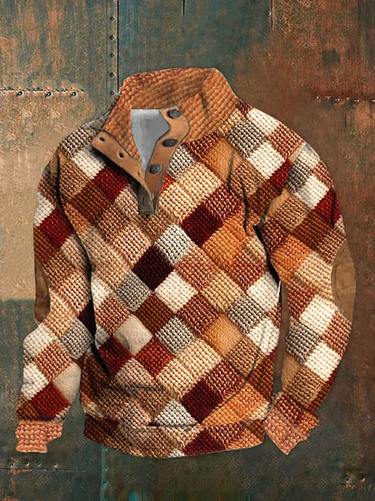 Men's Retro Autumn Plaid Print Standing Collar Button Casual Sweatshirt artswardrobe