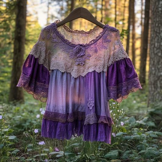 Boho Lavender Gradient Lace Art Linen Short Sleeve V-neck Shirt artswardrobe