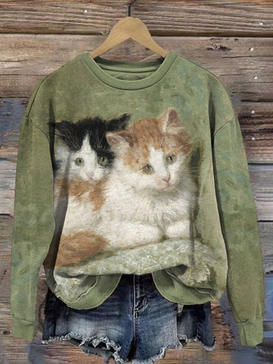 Comstylish Vintage Oil Painting Art Cats Pattern Cozy Sweatshirt
