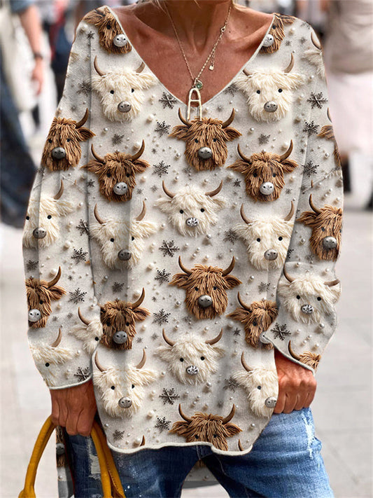 Highland Cow & Christmas Snowflake Casual V-Neck Long Sleeve T-Shirt artswardrobe