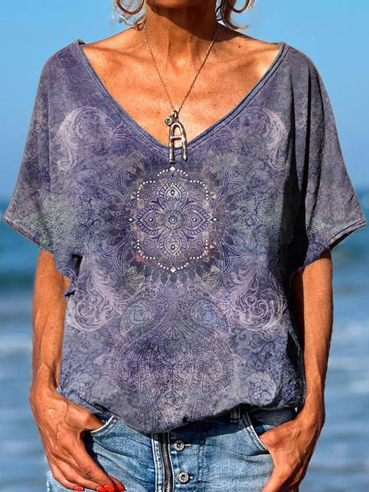Vintage Print 100% Cotton V-neck T-shirt