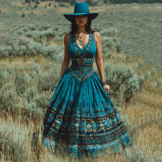 Women's Western Geometric Print V-neck Tank Maxi Dress artswardrobe