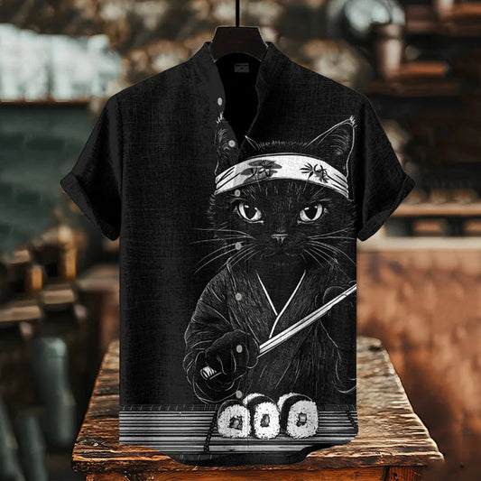 Men's Japanese Black Cat Sushi Master Art Print Short Sleeve Shirt elevenforest