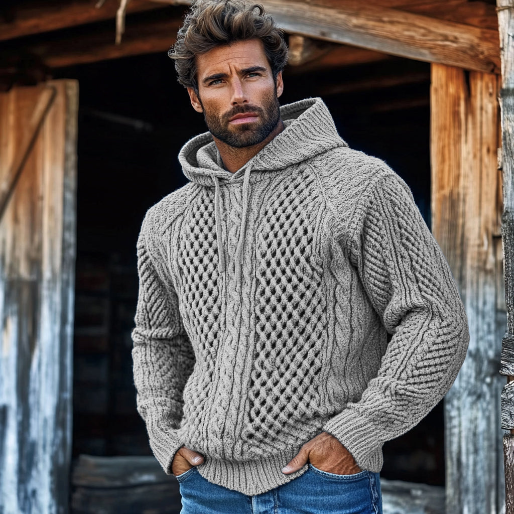 Men'S Waffle Knit Pattern Hooded Sweater elevenforest