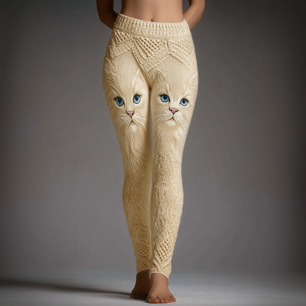 Comstylish Cute Cat Face Embroidered Cozy Knit Leggings
