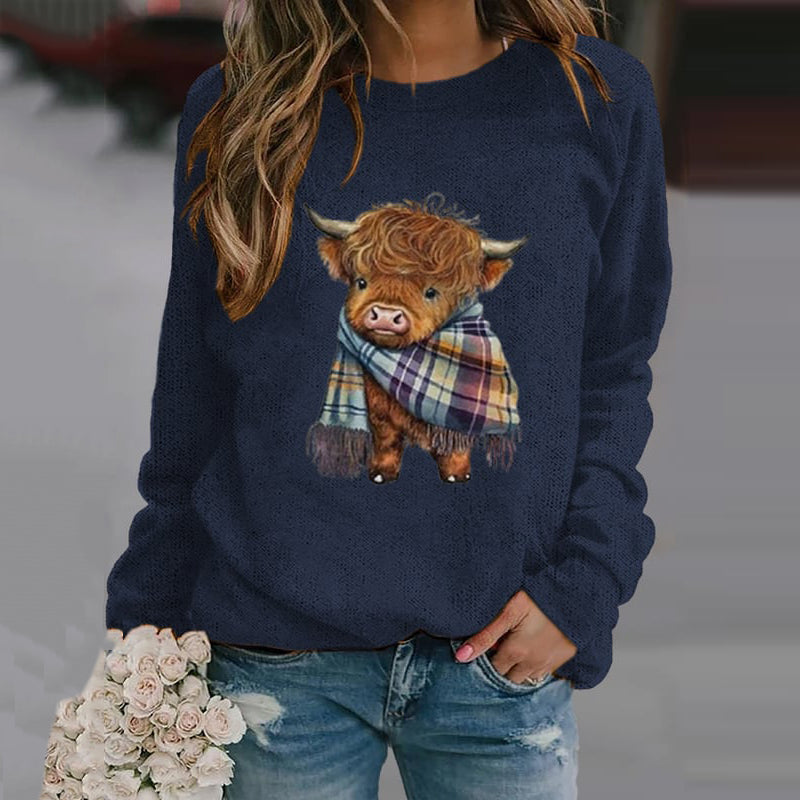 Comstylish Women's Highland Cow Crew Neck Casual Sweatshirt