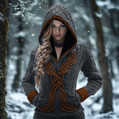 Women's Viking Celtic Knot Jacquard Knit Hooded Sweater elevenforest
