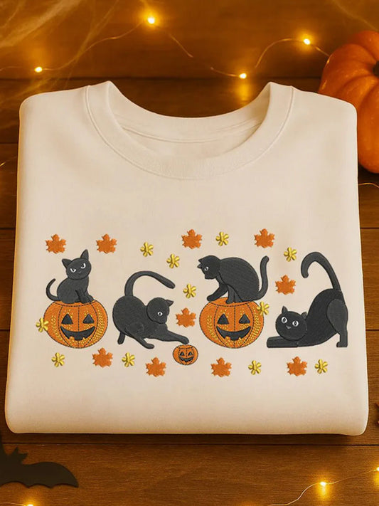 Women's Round Neck Halloween Black Cat Pumpkin Embroidery Loose Long Sleeve Sweatshirt elevenforest