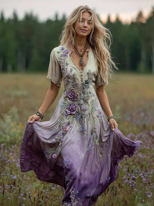 Women's Bohemian Floral Art Gradient Linen Maxi Dress artswardrobe