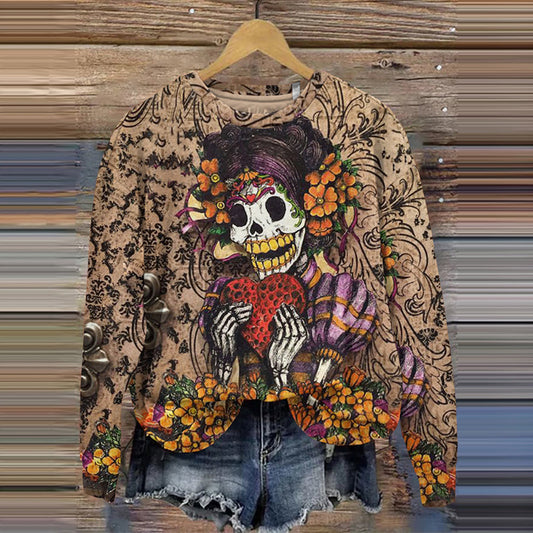Comstylish Vintage Mexican Day Of The Dead Skull Floral Print Sweatshirt