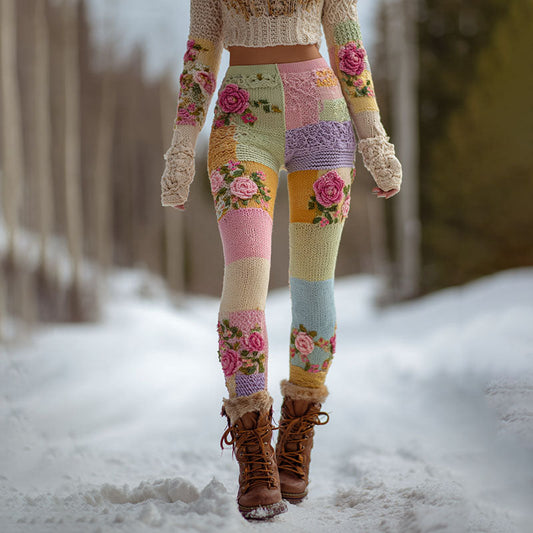 Comstylish Women's Vintage Floral Patchwork Cozy Knit Leggings