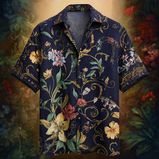Bohemian Style Plant And Flower Pattern Men's Retro Cotton And Linen Shirt artswardrobe