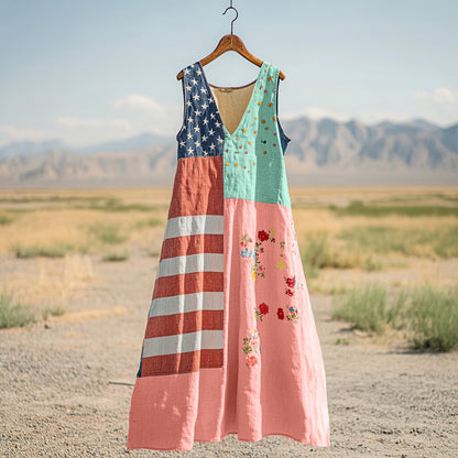 Women's Independence Day Flag Print Cotton And Linen Dress artswardrobe