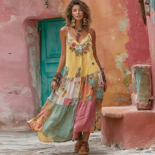 Women's Flower Embroidery Macaroon Patchwork Art V-neck Linen Blend Suspender Midi Dress artswardrobe