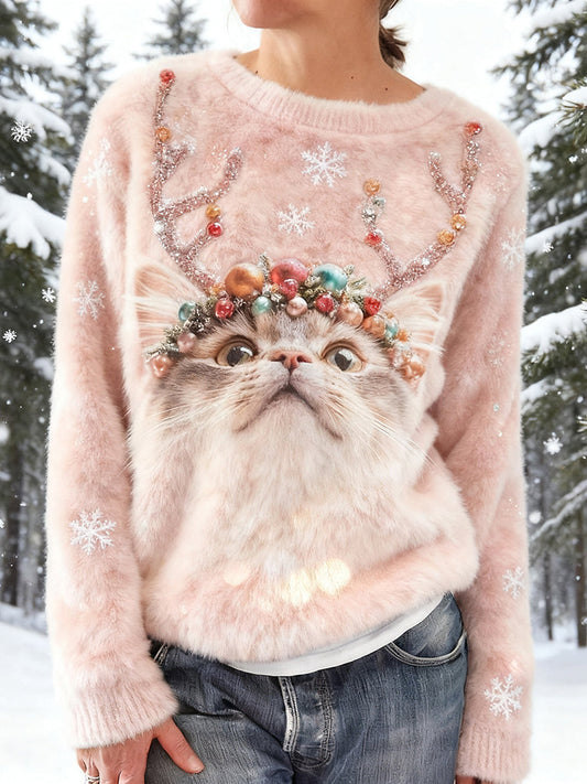 Cute Christmas Cat Pattern Cozy Plush Sweatshirt elevenforest