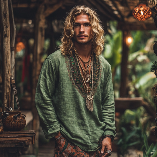 Men's Bohemian Holiday Style Vintage Linen Printed Long Sleeve T-shirt artswardrobe