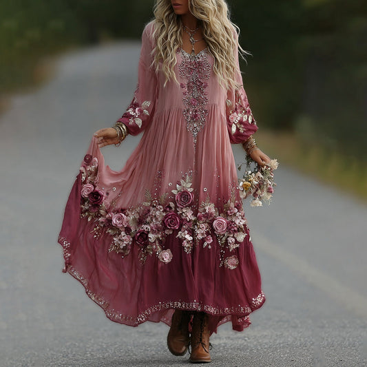 Women's Vintage Romantic Pink Rose Embroidery Art Comfy Linen V Neck Maxi Dress artswardrobe