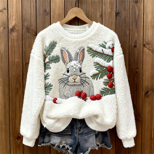 Christmas Bunny & Berries In The Snow Cozy Plush Sweatshirt artswardrobe