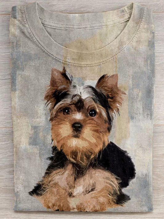 Comstylish Cute Yorkshire Terrier Art Crew Neck Comfy T Shirt