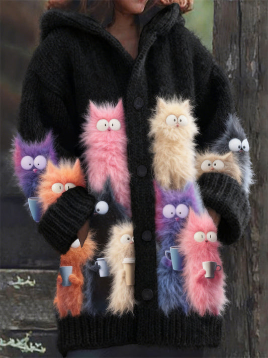 Comstylish Funny Colorful Cats With Coffee Cups Fuzzy Cozy Hooded Cardigan