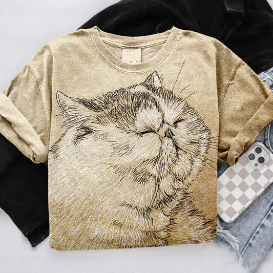 Comstylish Cute Cat Print Short Sleeve Vintage Washed T Shirt