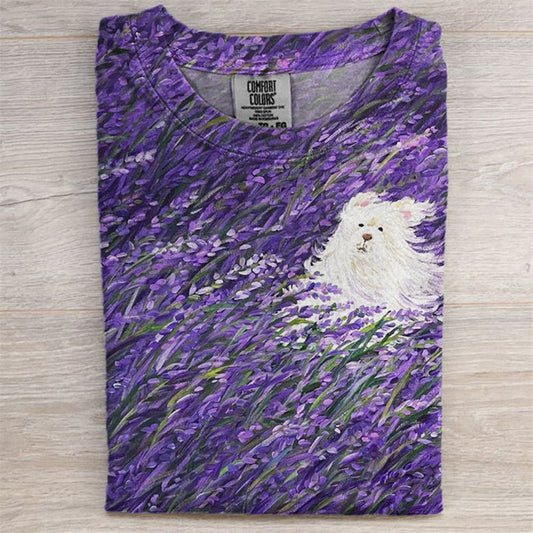 Comstylish Funny Fuzzy Dog Lavender Field Painting Comfy T Shirt