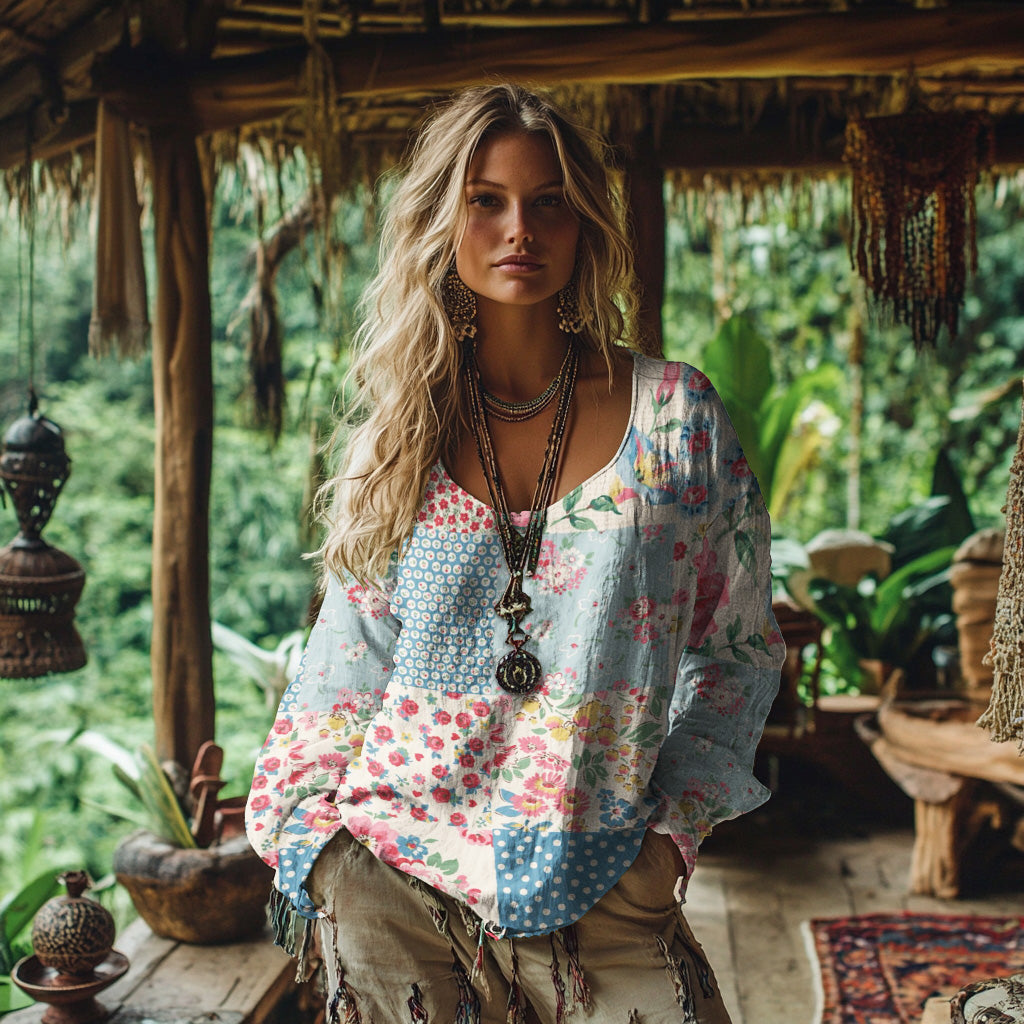 Retro Bohemian Resort Floral Patchwork Art Print Cotton And Linen Blend Loose Blouse artswardrobe