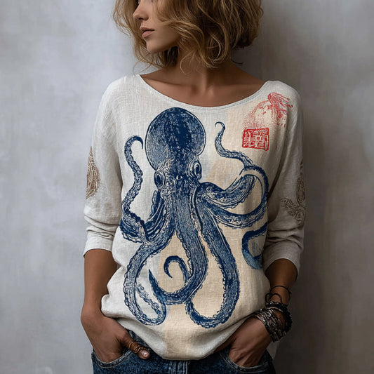 Comstylish Women's Vintage Art Octopus Round Neck Long-sleeved Top