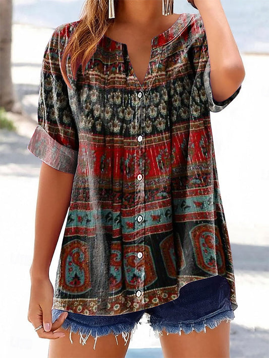 Women's Vintage Ethnic Style Tattoo Pattern Art Printed Cotton Linen S