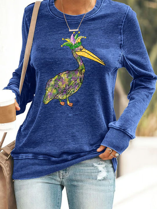 Comstylish Retro Mardi Gras Pelican Crown Purple Green And Gold Print Sweatshirt