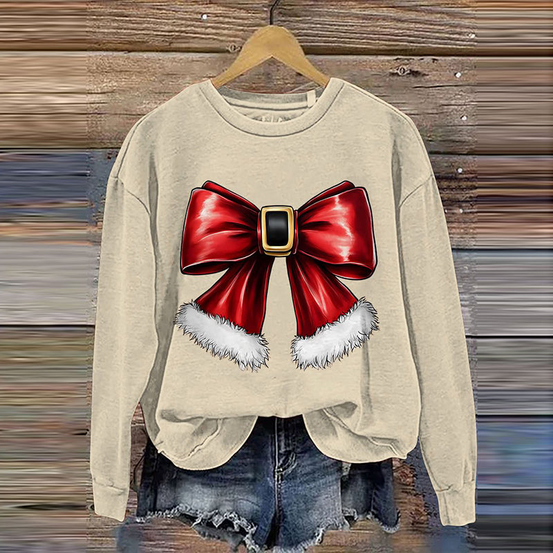 Comstylish Merry Christmas Bow Print Crew Neck Sweatshirt