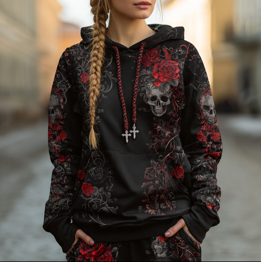 Comstylish Halloween Dark Lady Skull And Red Rose Pattern Printed Long-sleeve Hooded Sweatshirt