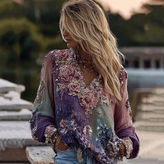 Tie-dye Rose Embroidered Sequined Long-sleeved T-shirt artswardrobe