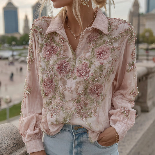 Comstylish Women's Retro Pink Rose Pattern Casual Lapel Shirt
