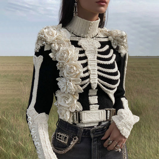 Comstylish Women's Vintage Skeleton & Rose Art Cozy High Neck Sweater