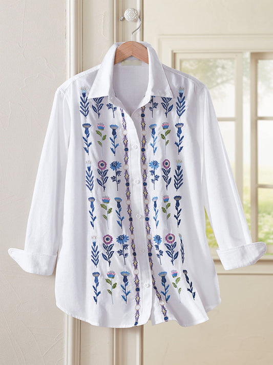 Women's Casual Floral Embroidery Print Cotton Shirt artswardrobe