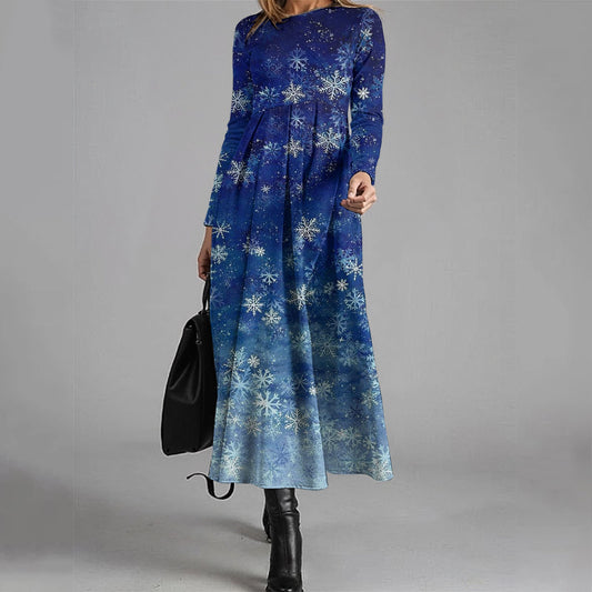 Elegant Snowflake Print Long Sleeve Midi Dress elevenforest
