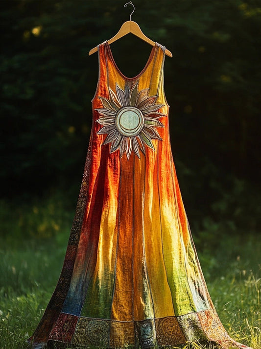 Vintage Litha Sun Midsummer Art Linen Maxi Tank Dress artswardrobe