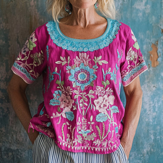Vintage Floral Art Print Casual Linen Blend Shirt artswardrobe
