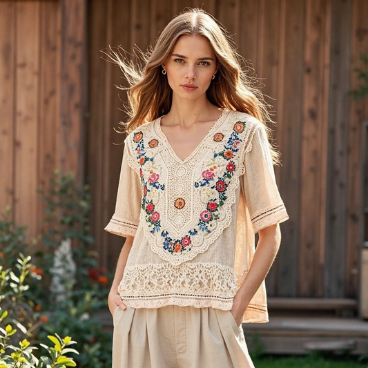Vintage Bohemian Floral Embroidered Linen V-neck Shirt artswardrobe