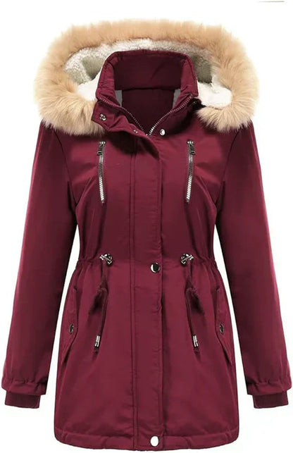 LM | long coat with faux fur hood and fleece lining