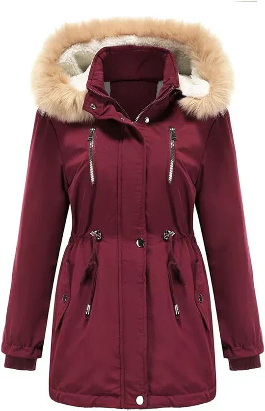 LM | long coat with faux fur hood and fleece lining