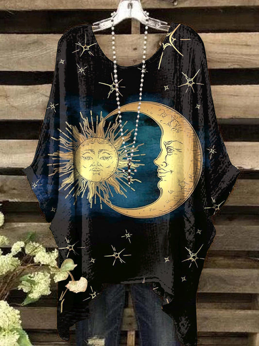 Women's Vintage Mystery Sun Moon Art Print Round Neck Top
