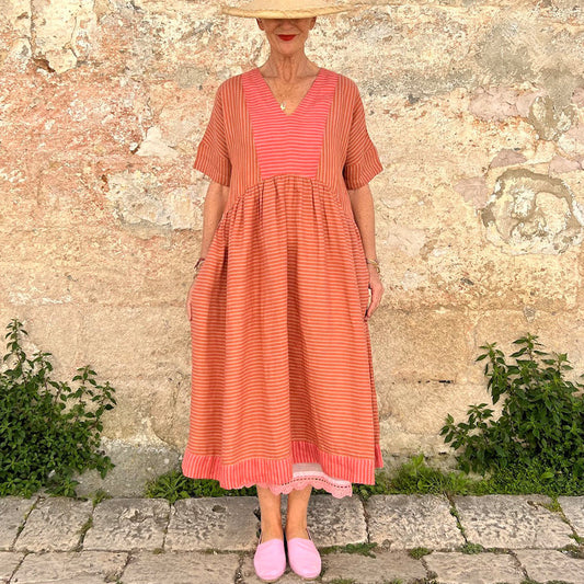Contrast Color Striped Linen Blend V-neck Dress artswardrobe