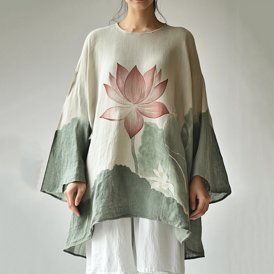 Vintage Classy Lotus Art Linen Blend Tunic artswardrobe